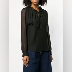 See By Chloe Size 40 Georgette Sheer Ruffled Tie-Neck Blouse - Black